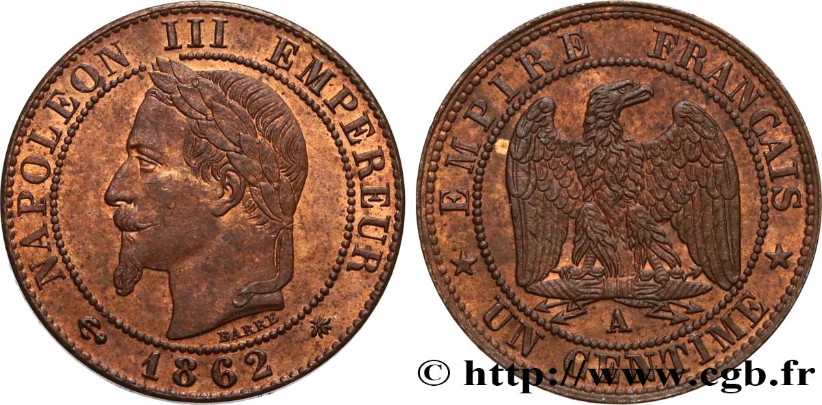 Un centime Napoléon III, tête laurée 1862 Paris F.103/4 MS60 