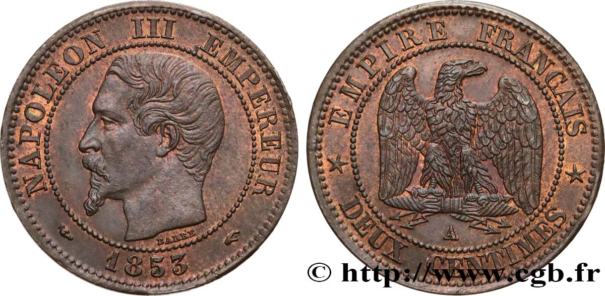 Deux centimes Napoléon III, tête nue 1853 Paris F.107/1 VZ55 