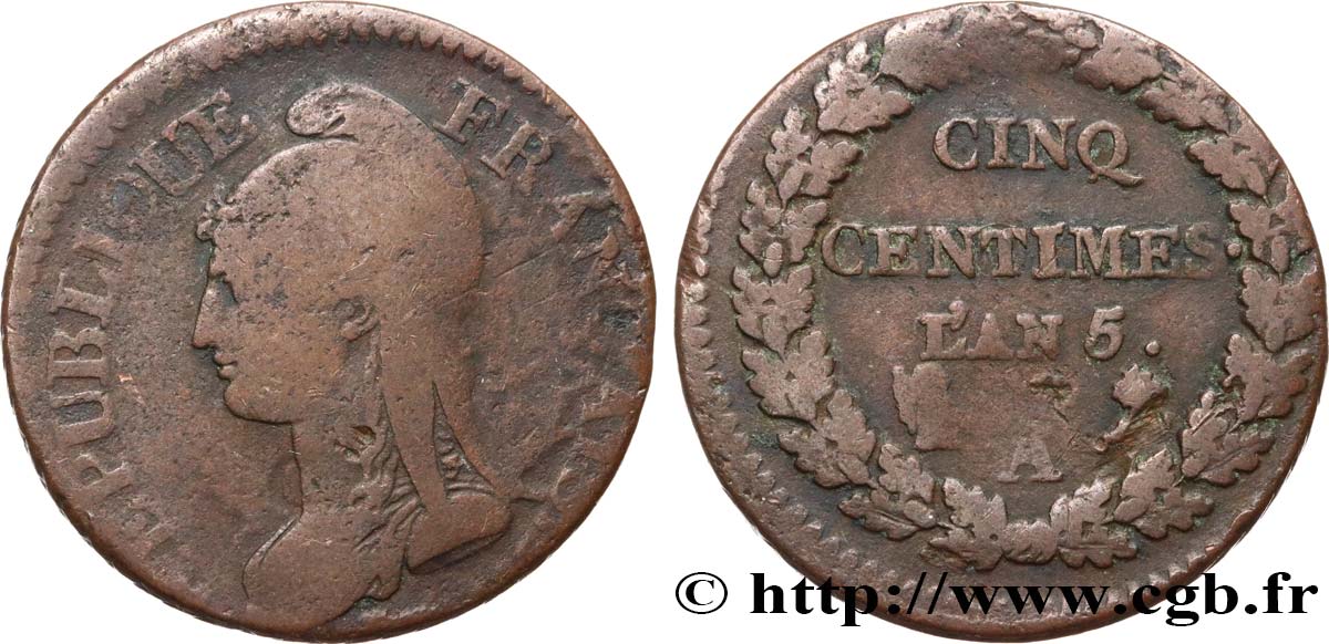 Cinq centimes Dupré, grand module 1797 Paris F.115/1 MB 