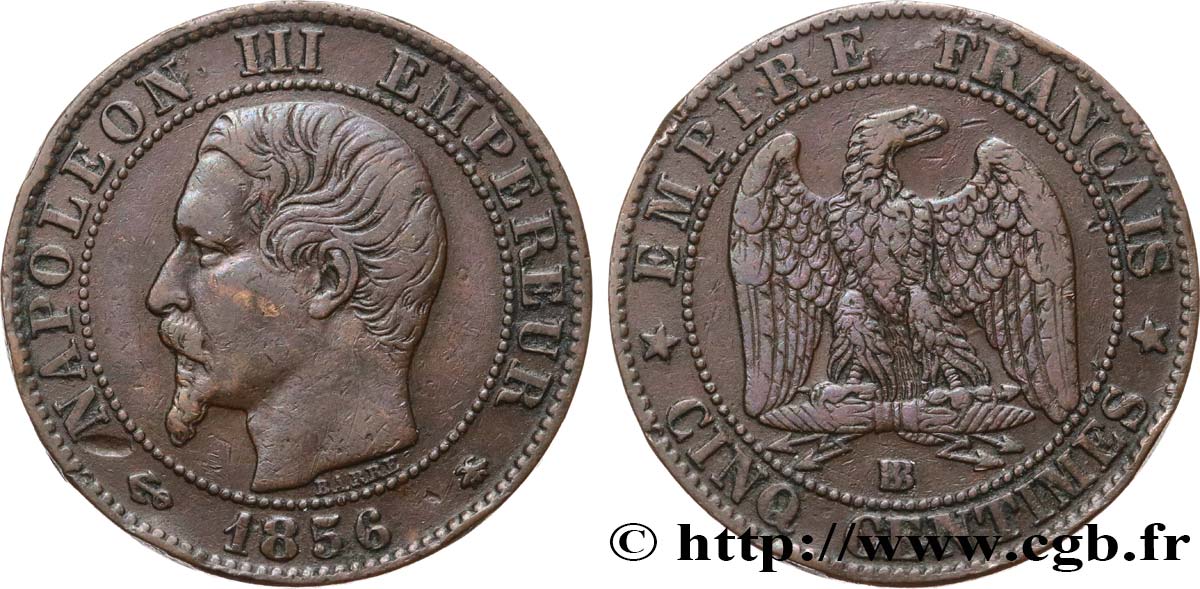 Cinq centimes Napoléon III, tête nue 1856 Strasbourg F.116/32 BB40 