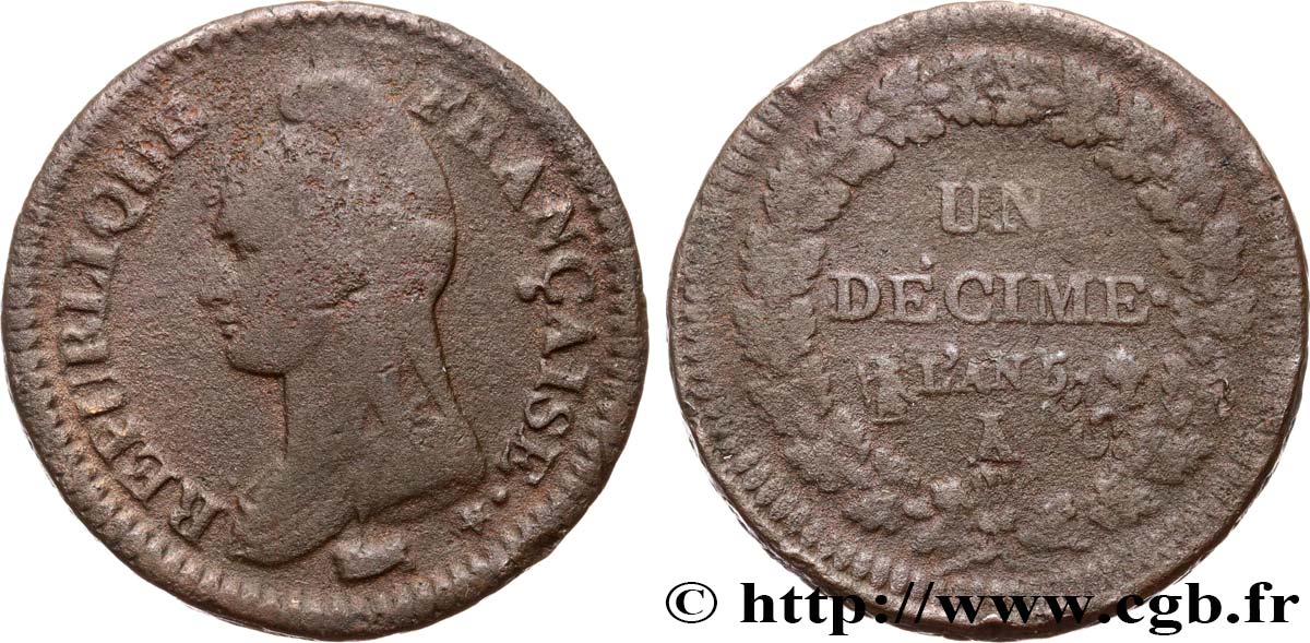 Un décime Dupré, grand module, &nbsp;refrappage&nbsp; du 2 décimes 1797 Paris F.128/1 TB15 