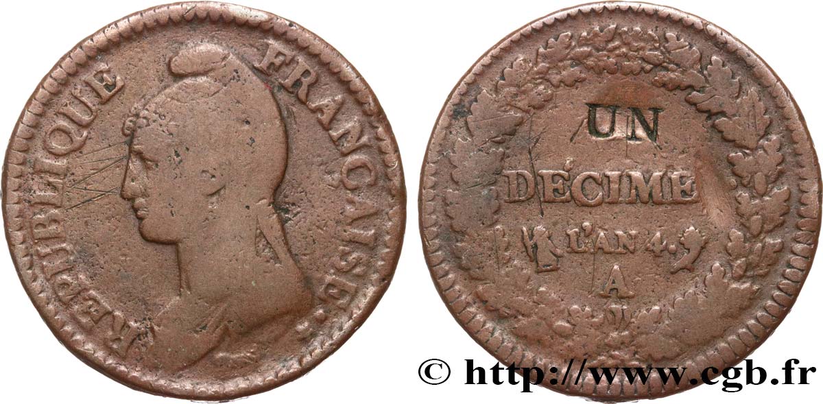 Un décime Dupré, modification du 2 décimes 1796 Paris F.127/1 F15 