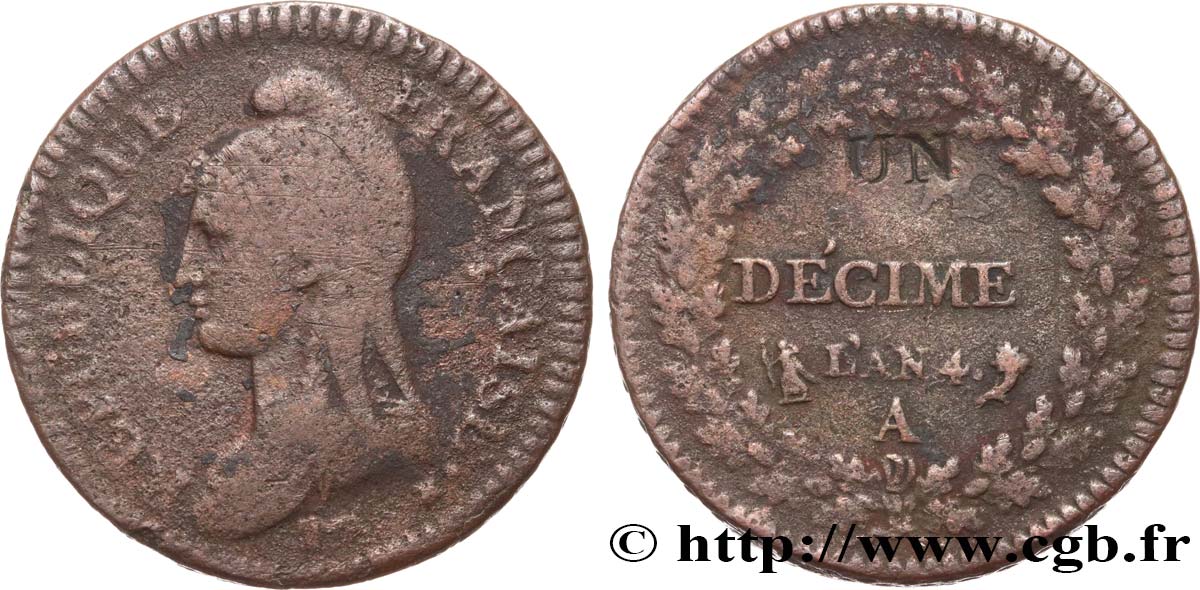 Un décime Dupré, modification du 2 décimes 1796 Paris F.127/1 BC15 