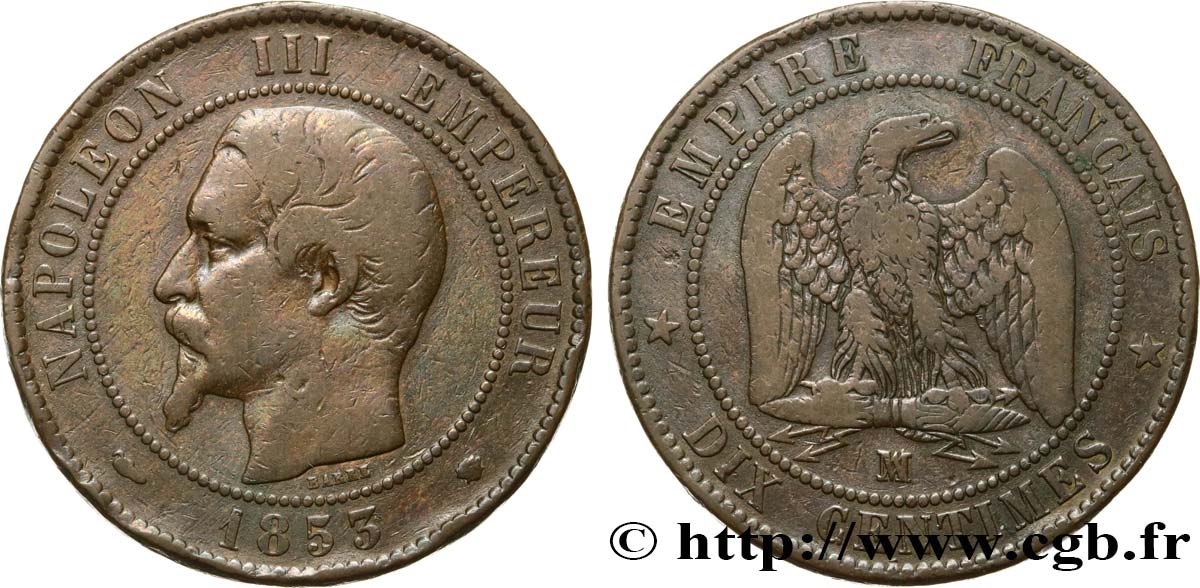 Dix Centimes Napoléon III tête nue 1853 Marseille F.133/8 TB20 