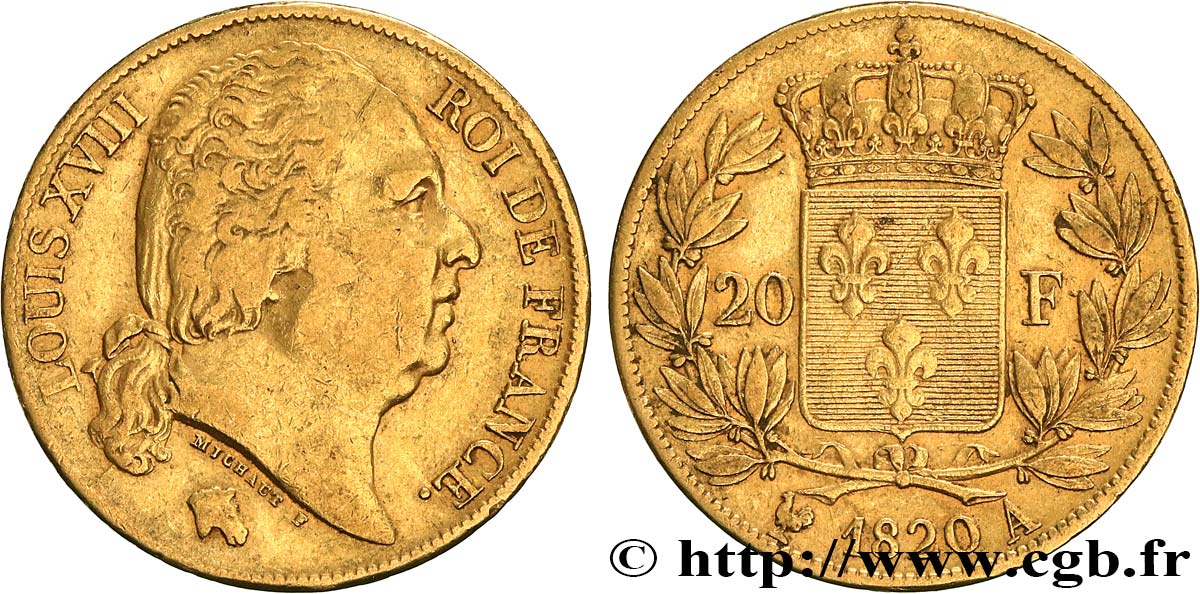 20 francs or Louis XVIII, tête nue 1820 Paris F.519/19 S35 