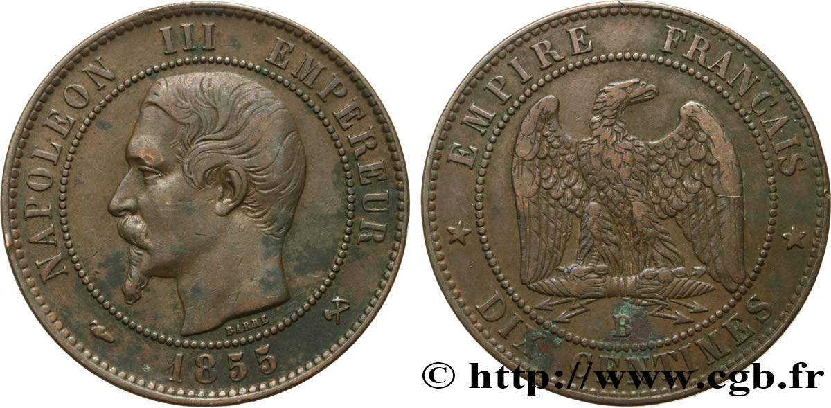 Dix centimes Napoléon III, tête nue 1855 Rouen F.133/21 TB35 