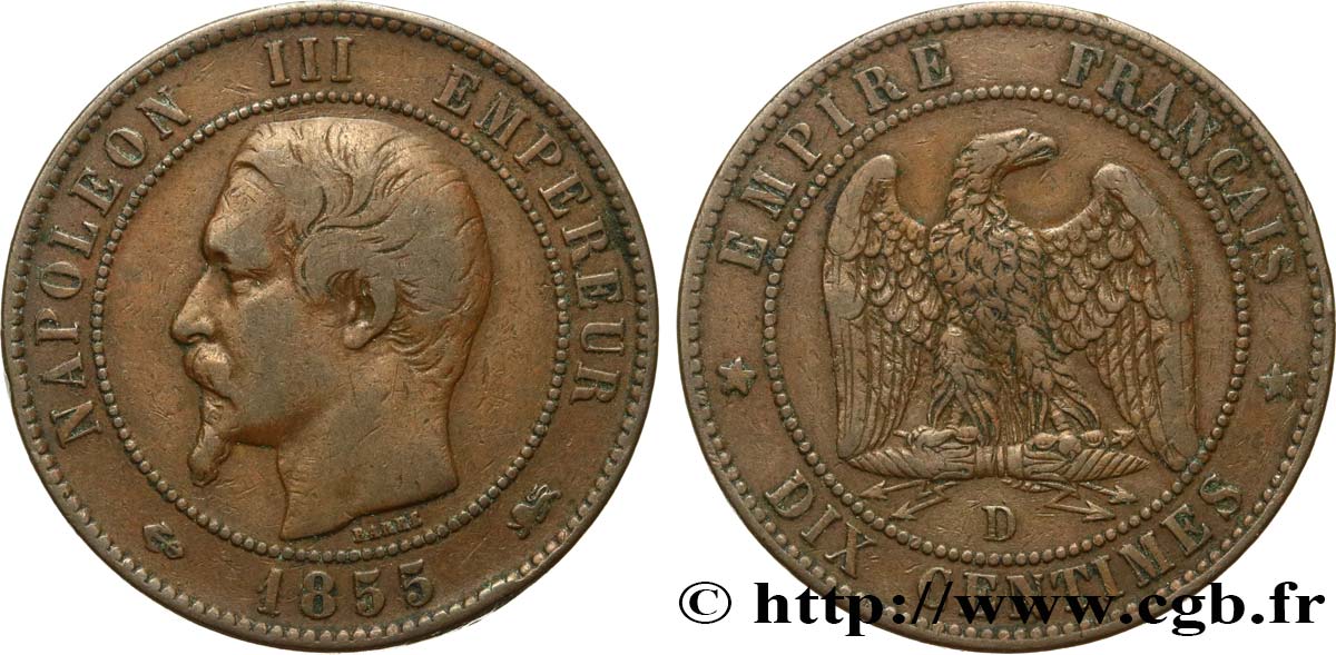 Dix centimes Napoléon III, tête nue 1855 Lyon F.133/26 VF30 