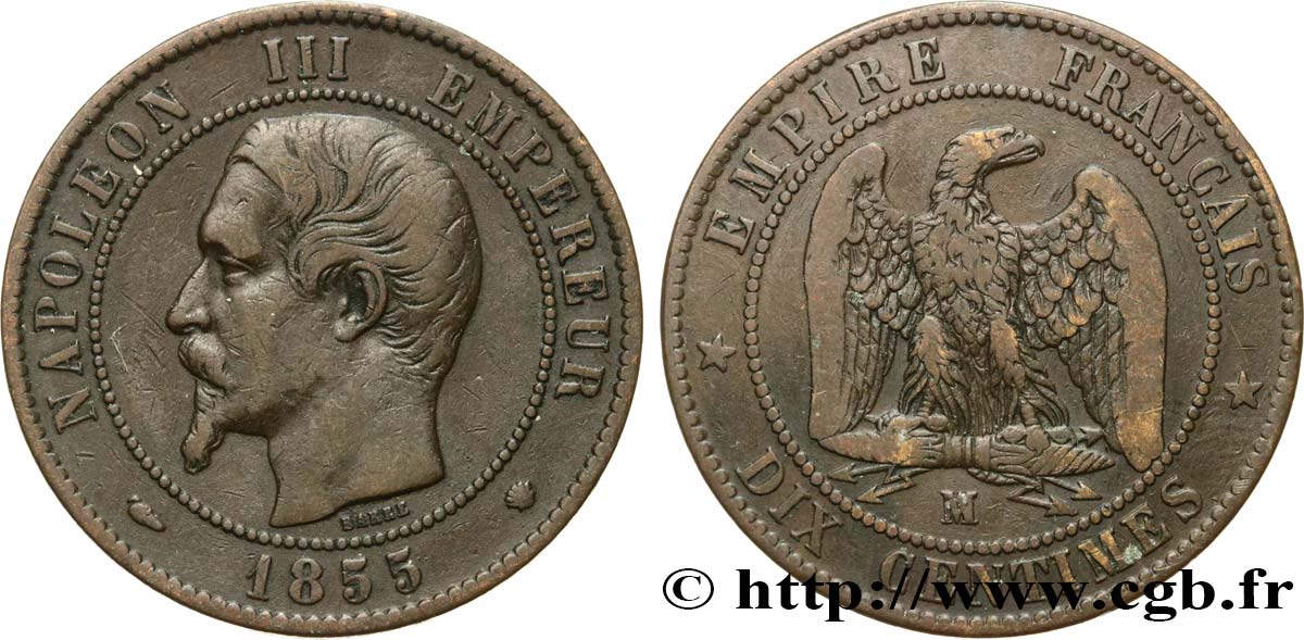 Dix centimes Napoléon III, tête nue, différent levrette 1855 Marseille F.133/29 VF30 
