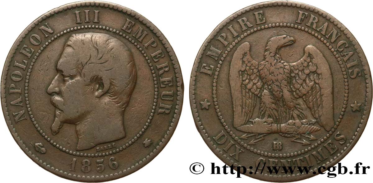 Dix centimes Napoléon III, tête nue 1856 Strasbourg F.133/36 VF25 