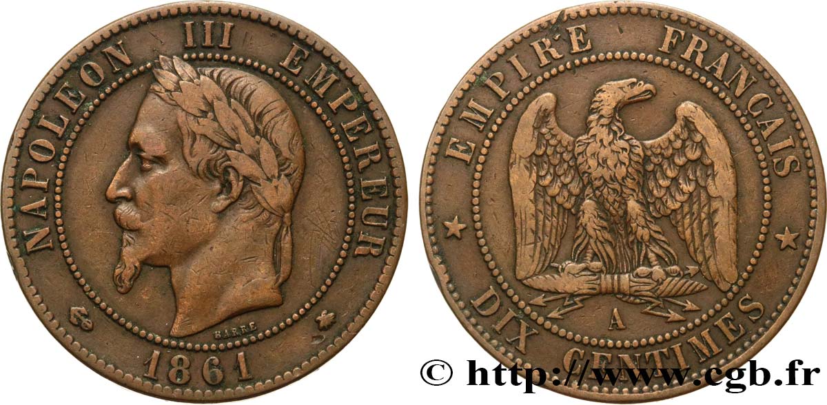 Dix centimes Napoléon III, tête laurée 1861 Paris F.134/4 TB30 