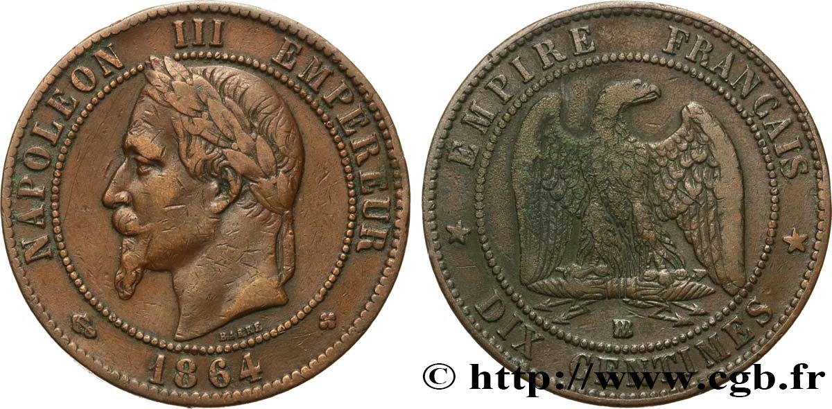 Dix centimes Napoléon III, tête laurée 1864 Strasbourg F.134/14 TB25 