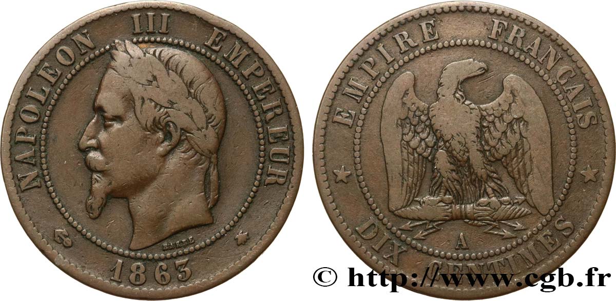 Dix centimes Napoléon III, tête laurée 1863 Paris F.134/10 VF20 
