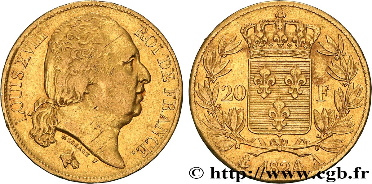 20 francs or Louis XVIII, tête nue 1824 Paris F.519/31 SS 