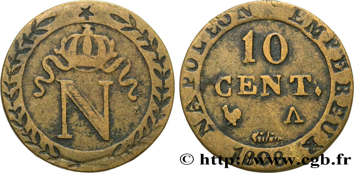 Faux de 10 cent. à l N couronnée 1808 Paris F.130/2 var. BC35 