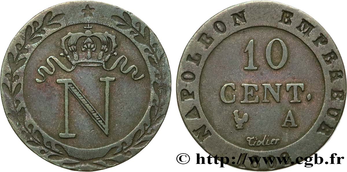 Faux de 10 cent. à l N couronnée 1808 Paris F.130/2 var. SS45 