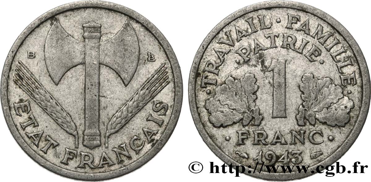 1 franc Francisque, légère 1943 Beaumont-Le-Roger F.223/4 TB25 