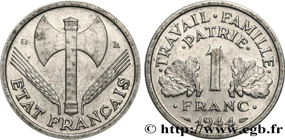 1 franc Francisque, légère 1944 Beaumont-Le-Roger F.223/6 AU50 