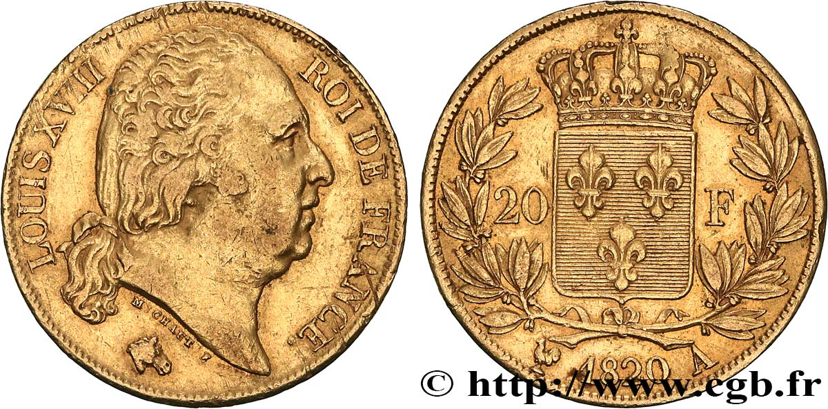 20 francs or Louis XVIII, tête nue 1820 Paris F.519/19 MBC 