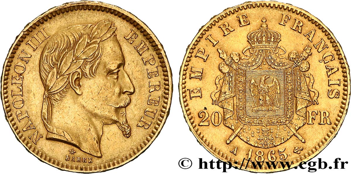 20 francs or Napoléon III, tête laurée 1865 Paris F.532/11 MBC50 