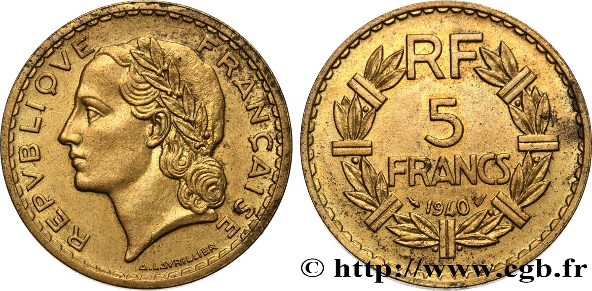 5 francs Lavrillier, bronze-aluminium 1940  F.337/4 fVZ 