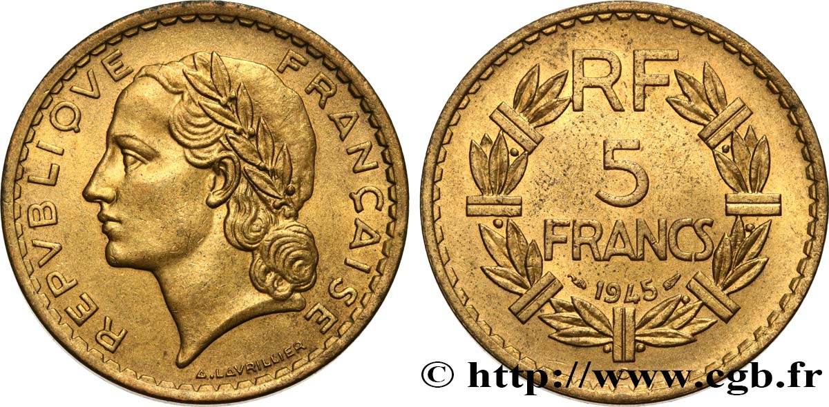 5 francs Lavrillier, bronze-aluminium 1945 Castelsarrasin F.337/6 SUP60 