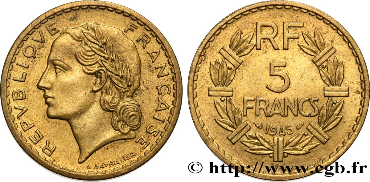 5 francs Lavrillier, bronze-aluminium 1945 Castelsarrasin F.337/6 AU55 