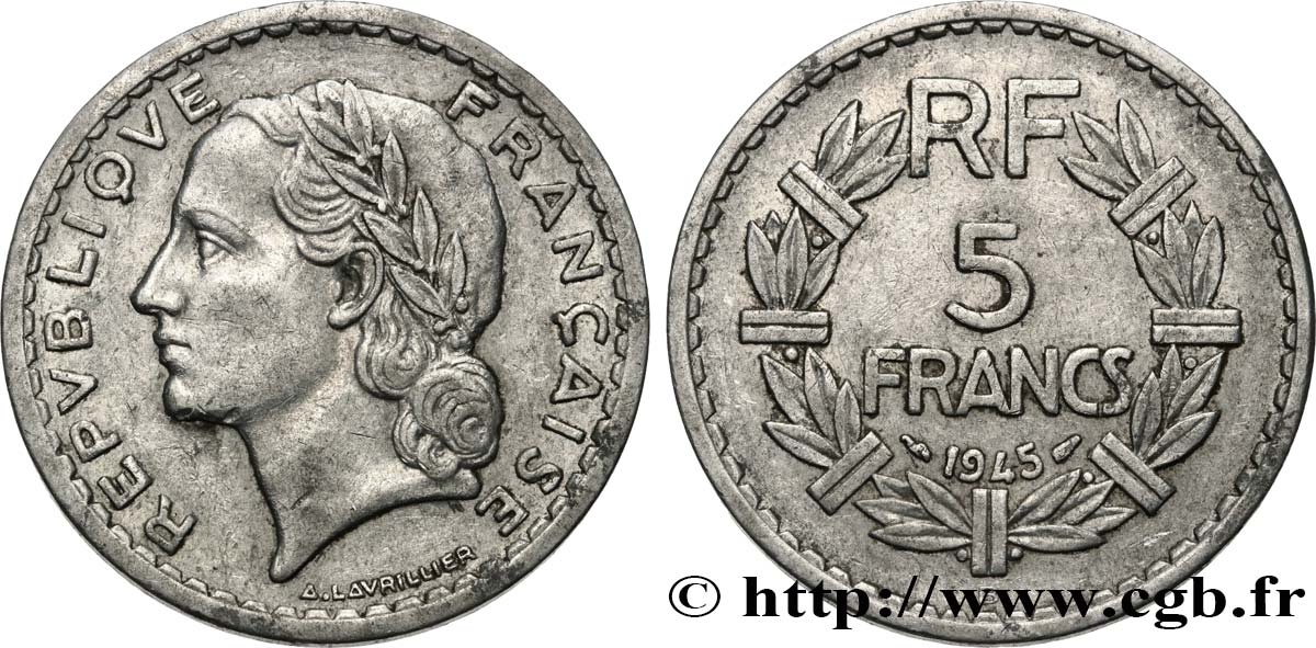 5 francs Lavrillier, aluminium 1945 Beaumont-Le-Roger F.339/4 TB+ 