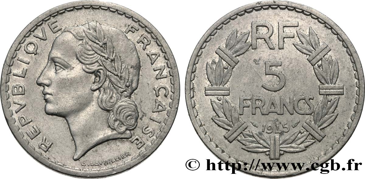 5 francs Lavrillier, aluminium 1945 Beaumont-Le-Roger F.339/4 MBC 