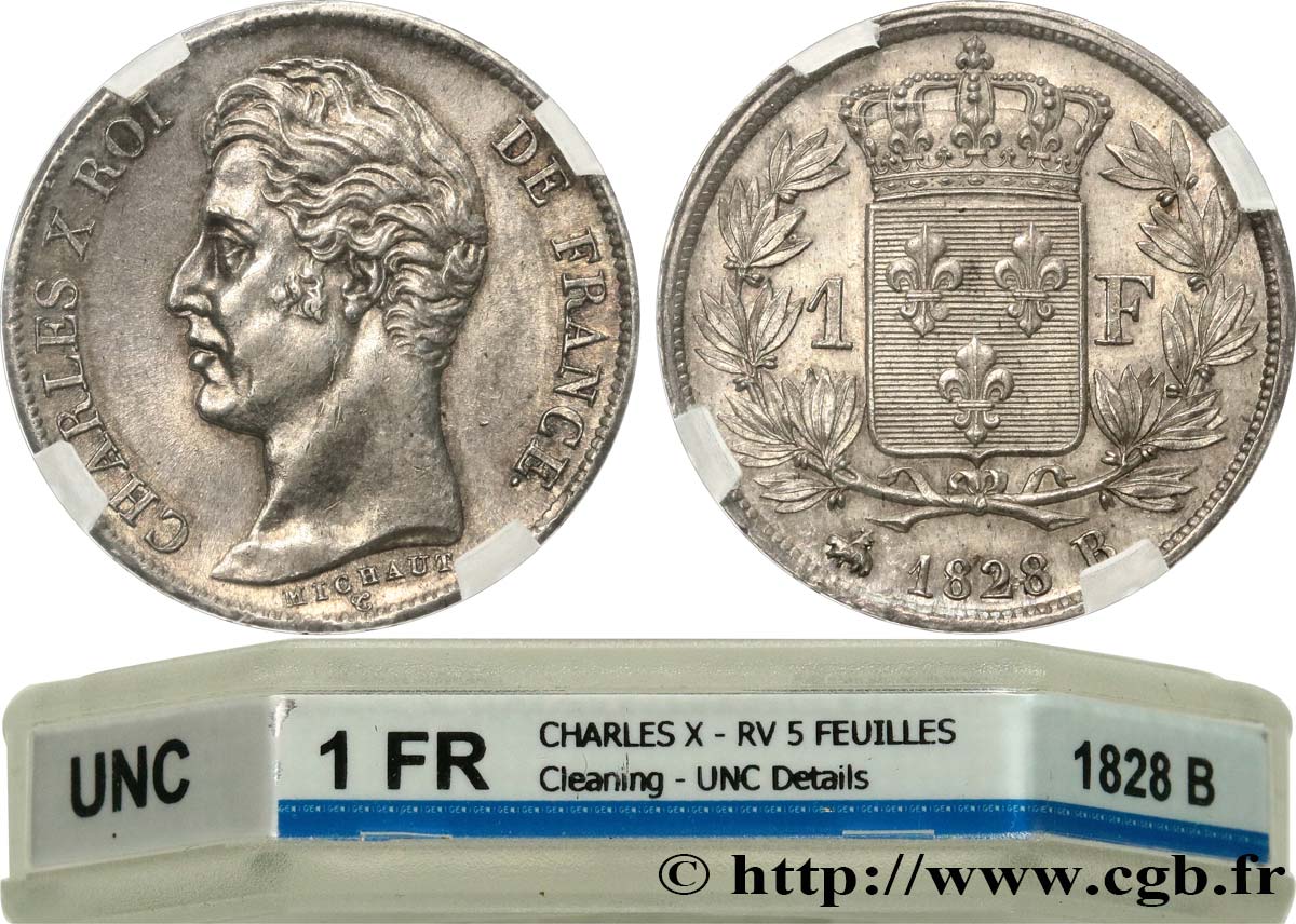 1 franc Charles X, matrice du revers à cinq feuilles 1828 Rouen F.207/38 VZ+ GENI