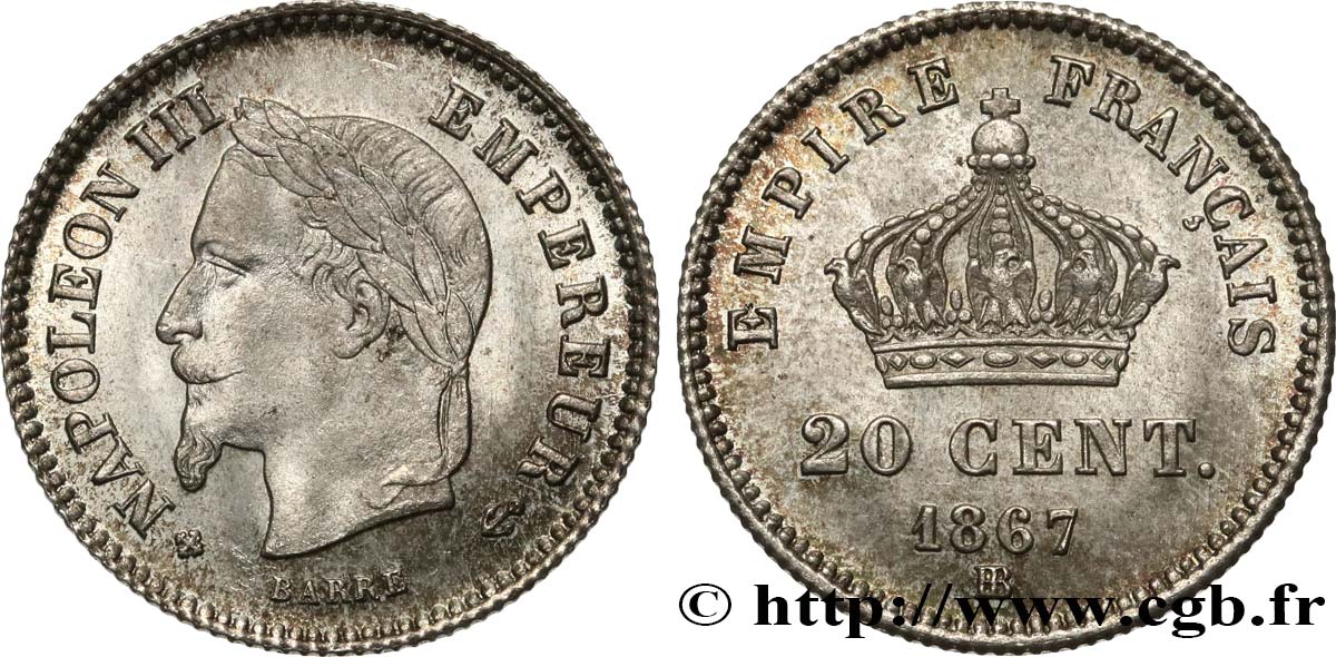 20 centimes Napoléon III, tête laurée, grand module 1867 Strasbourg F.150/2 fST63 