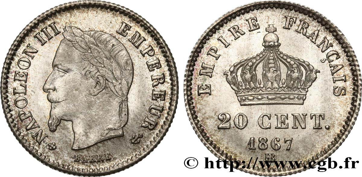 20 centimes Napoléon III, tête laurée, grand module 1867 Strasbourg F.150/2 fST63 
