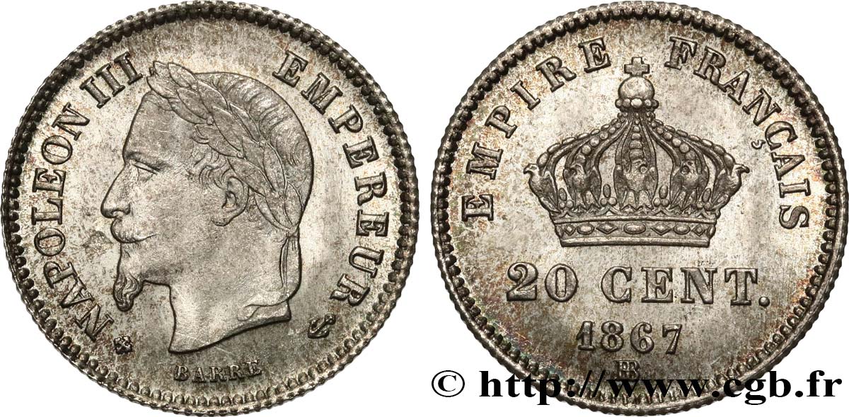 20 centimes Napoléon III, tête laurée, grand module 1867 Strasbourg F.150/2 MS 