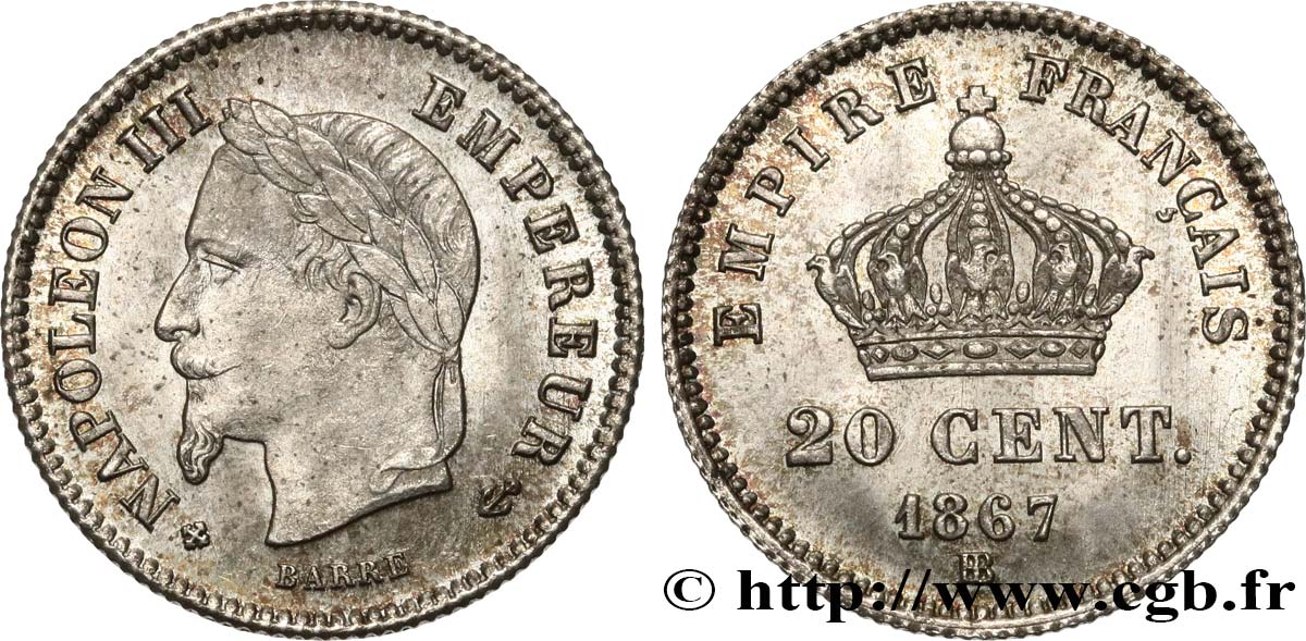 20 centimes Napoléon III, tête laurée, grand module 1867 Strasbourg F.150/2 MS62 