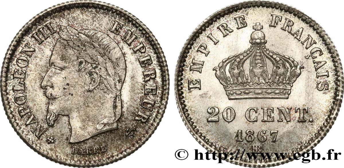 20 centimes Napoléon III, tête laurée, grand module 1867 Strasbourg F.150/2 SPL62 