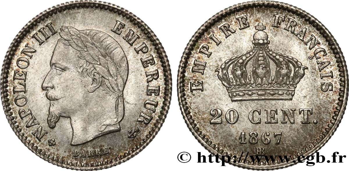 20 centimes Napoléon III, tête laurée, grand module 1867 Strasbourg F.150/2 SC63 