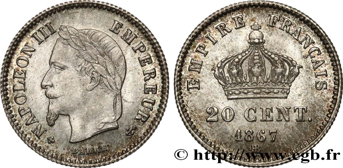 20 centimes Napoléon III, tête laurée, grand module 1867 Strasbourg F.150/2 MS63 