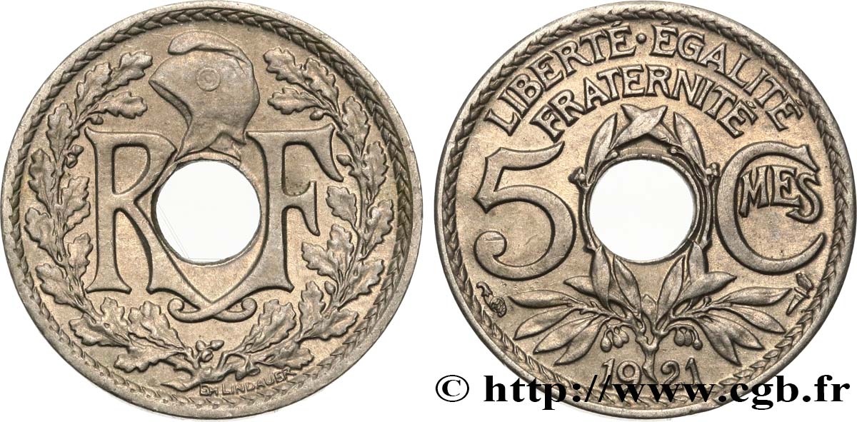 5 centimes Lindauer, petit module 1921 Paris F.122/3 AU53 