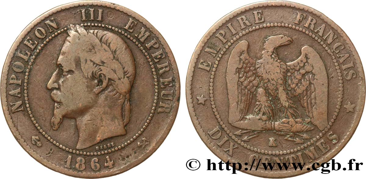 Dix centimes Napoléon III, tête laurée 1864 Bordeaux F.134/15 TB25 