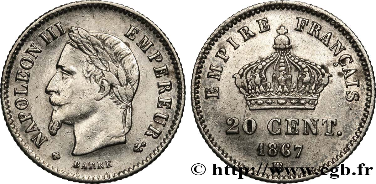 20 centimes Napoléon III, tête laurée, grand module 1867 Strasbourg F.150/2 fSS 