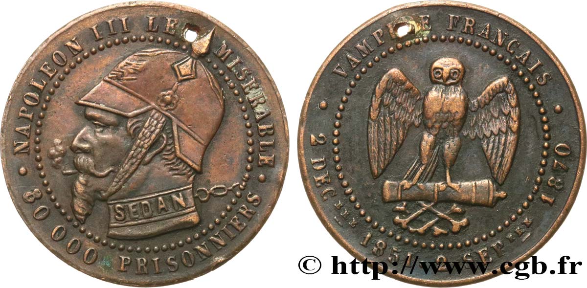 Médaille satirique Cu 25, module de Cinq centimes, type B “Os et Cigarette” 1870  Schw.B3c  BC 