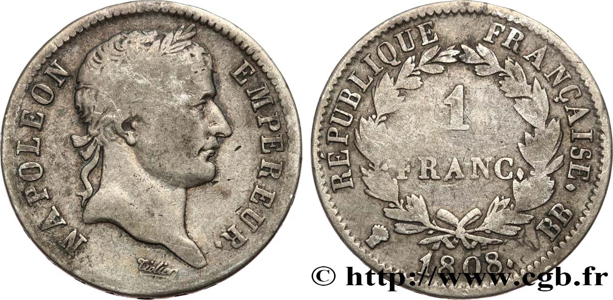 1 franc Napoléon Ier tête laurée, République française 1808 Strasbourg F.204/4 TB 
