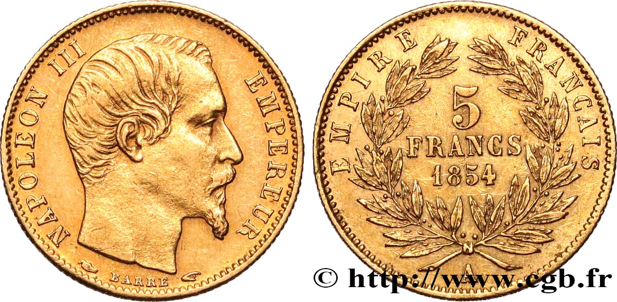 5 francs or Napoléon III, tête nue, petit module, tranche cannelée 1854 Paris F.500A/1 MBC40 