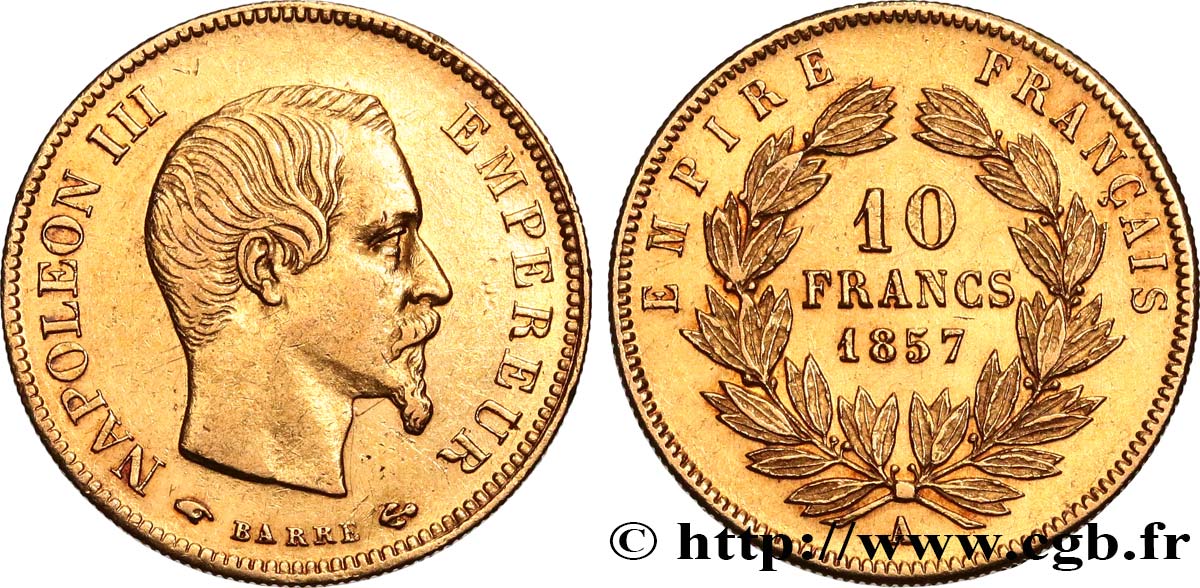 10 francs or Napoléon III, tête nue 1857 Paris F.506/4 fSS 