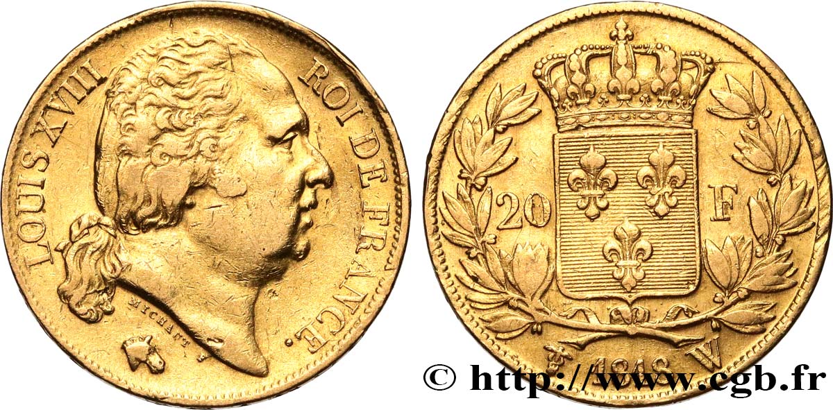 20 francs or Louis XVIII, tête nue 1818 Lille F.519/14 SS 