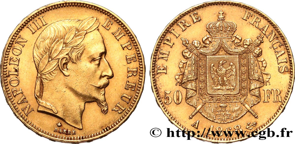 50 francs or Napoléon III, tête laurée 1868 Paris F.548/10 XF45 