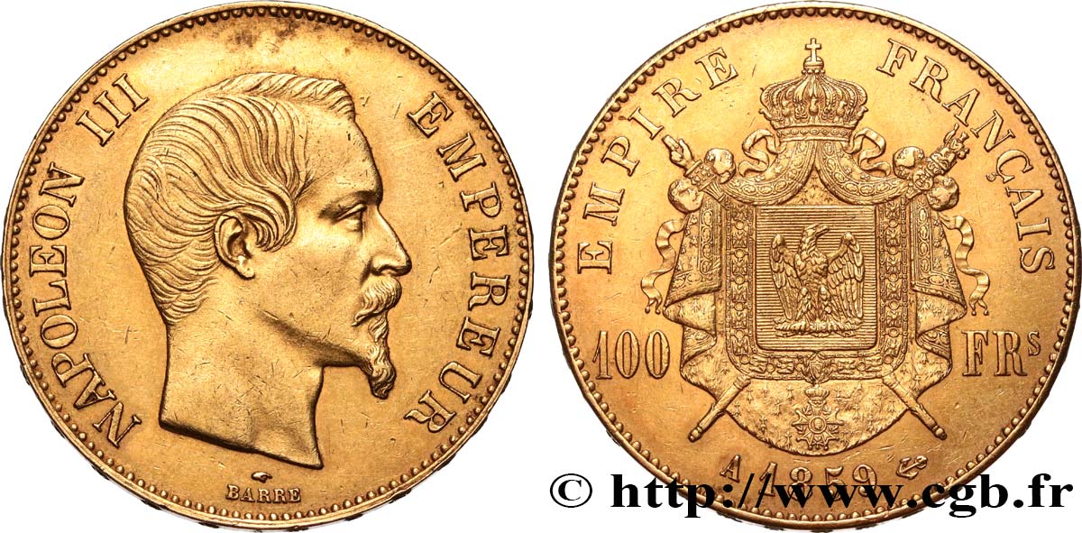 100 francs or Napoléon III, tête nue 1859 Paris F.550/7 q.SPL 
