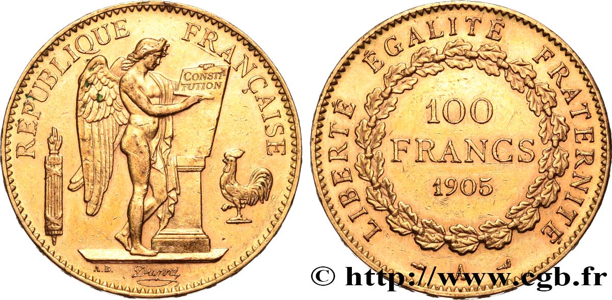 100 francs or Génie, tranche inscrite en relief Dieu protège la France 1905 Paris F.552/18 fVZ 