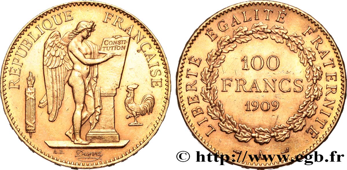 100 francs or Génie, tranche inscrite en relief Liberté Égalité Fraternité 1909 Paris F.553/3 q.SPL 