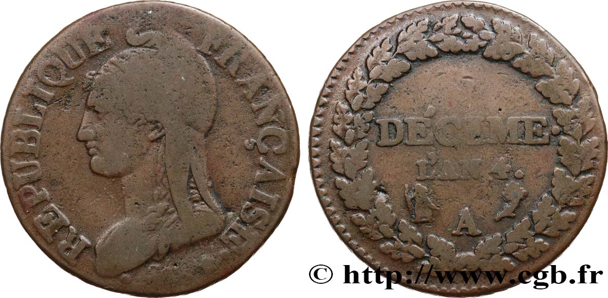 Décime Dupré, petit module 1796 Paris F.126/1 TB20 