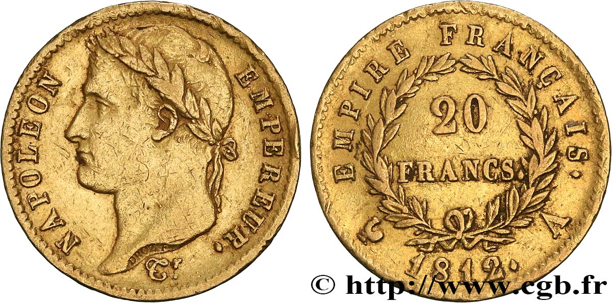 20 francs or Napoléon tête laurée, Empire français 1812 Paris F.516/22 XF40 